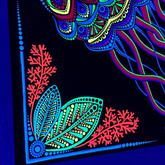 DOT DOT DOT 「Bumfire」 グラフィティアート Psychedelic Neon Jellyfish Dot Art Mandala, Original UV Blacklight