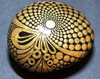 Vortex Rift, Mandala Meditation Stone, Gold and Black, Medium Large River Rock, Hand Painted