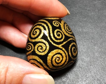 Elegant Painted Stone, Little River Rock, Gold and Black Swirls