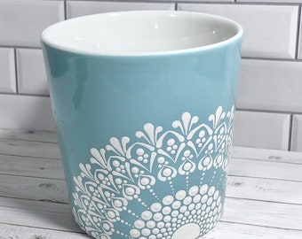 Turquoise Dot Art Mandala Coffee Mug, Large 16 oz Porcelain Cup, Hand-Painted, Microwave, Oven, and Dishwasher Safe