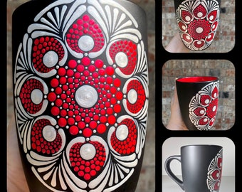 Energy, Dot Art Mandala Mug, Coffee Cup, Tea Cup, Large 16 oz, Hand Painted, Red White Black, Guy Gift