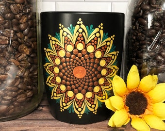 Sunflower Dot Art Mandala Mug, Coffee, Hot Cocoa, Tea Cup, Large Sturdy 16 oz Ceramic Cup, Hand Painted