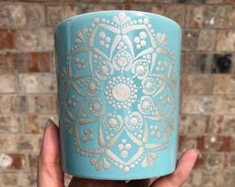 Large Ceramic Coffee Cup, Hand-Painted Dot Art Mandala Mug, Metallic Pearl on Ligt Turquoise