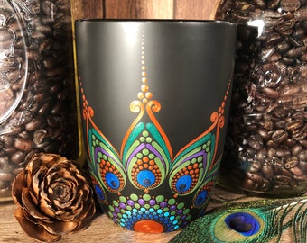 Royal Peacock, Dot Art Mandala Coffee Mug, Large Sturdy 16 oz Ceramic Cup, Hand Painted