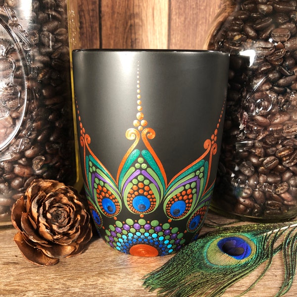 Royal Peacock, Dot Art Mandala Coffee Mug, Large Sturdy 16 oz Ceramic Cup, Hand Painted