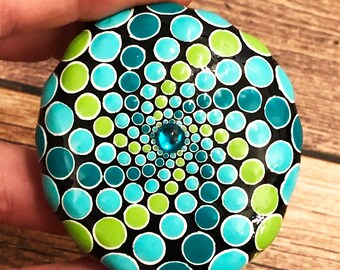 Turquoise Bejeweled Mandala Stone, Hand Painted Dot Art, Meditation Decor