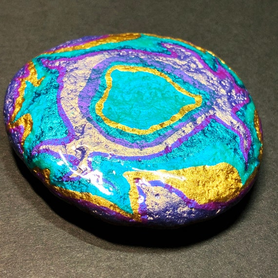 Amethyst Geode, Painted Stone, Meditation Rock, Paint Pour Inspired 