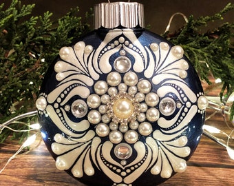 Pearl Flourish, Hand Painted Metallic Mandala Bauble, Unique dot art ornament adorned with pearl and crystal accents, shaterproof