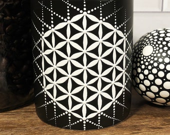 Hand Painted Coffee Cup, Small Sturdy Mandala Mug, 11 oz, Black and White Seed of Life