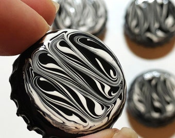 Upcycled bottle cap magnets, Sold Individually or as sets, Black and White Marble