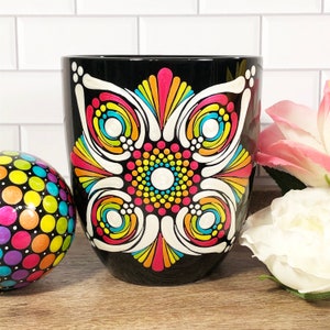Rainbow Warbler, Extra Large 20 oz Dot Art Mandala Coffee Mug, Black Porcelain Cup, Hand Painted