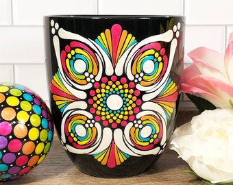 Hand Painted Mandala Coffee Mug, Rainbow Dot Art, Black Porcelain, 20 oz