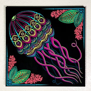 Psychedelic Neon Jellyfish Dot Art Mandala, Original UV Blacklight Reactive Painting on 12x12 inch stretched canvas, Price Includes Shipping
