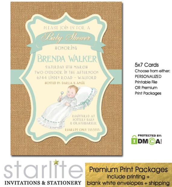 Gender Neutral Baby Shower Invitation Vintage Style In Mint With