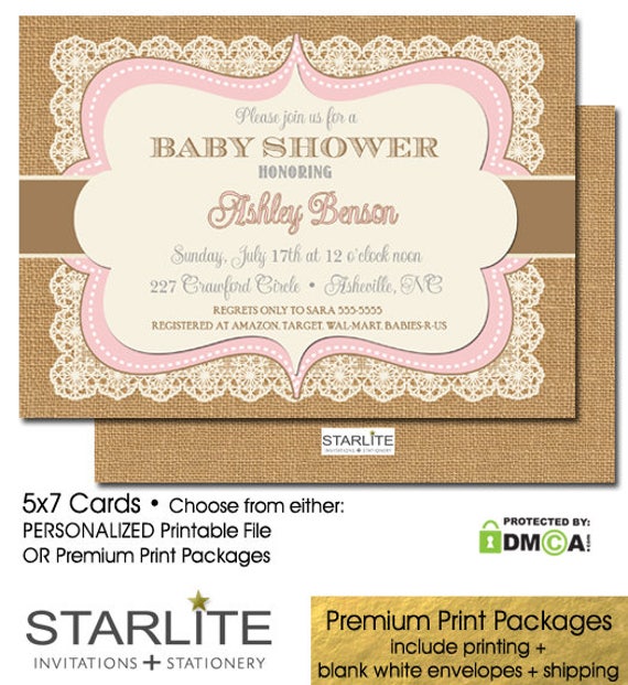 Pink and Brown Baby Shower Invitation Girl with Burlap and Lace Vintage - Personalized Digital File or Printed Invitations Il_570xn