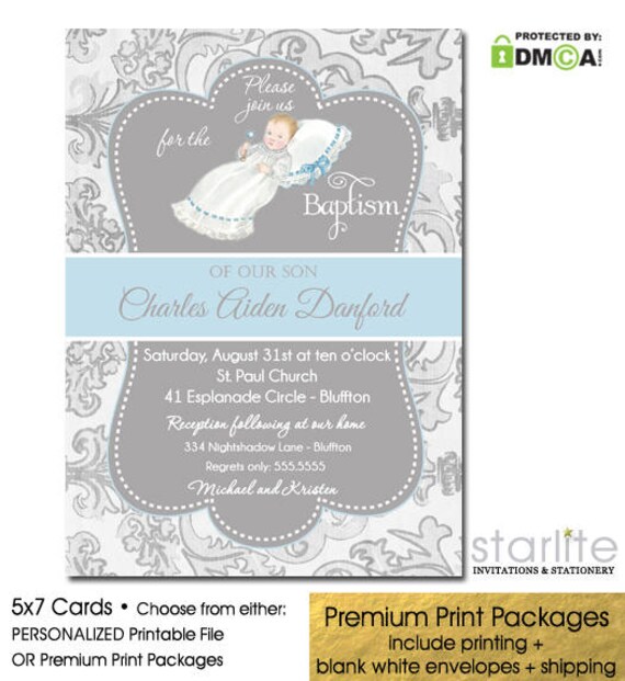 Baptism Invitation Boy Prince | Blue Grey Damask Boy Baptism Invite | Vintage Christening Invitation | Dedication Card Boy Il_570xn