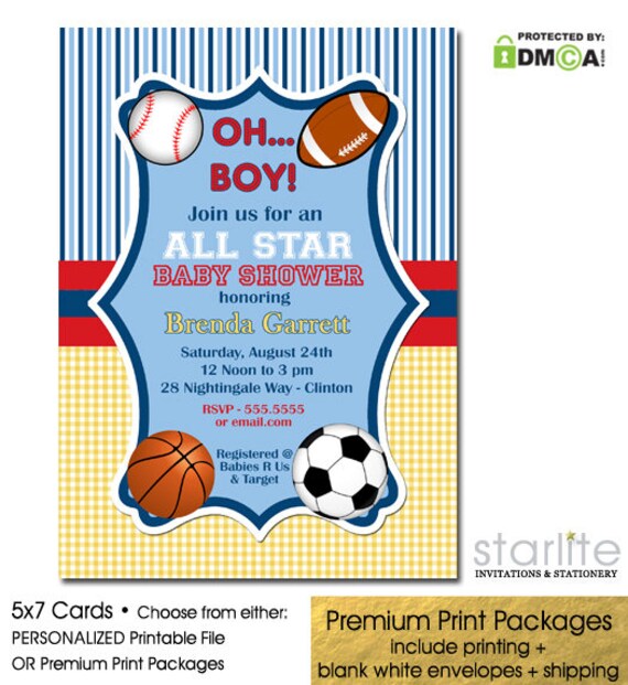 Boy Baby Shower Invitation All Star Sports Football Soccer Boy Baby Shower Invitation All Star Sports Football Soccer