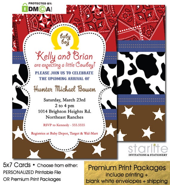 Western Baby Shower Invitation With Bandanna And Cow Print Pattern Cowboy Printed Invites Or Personalized Printable Digital File