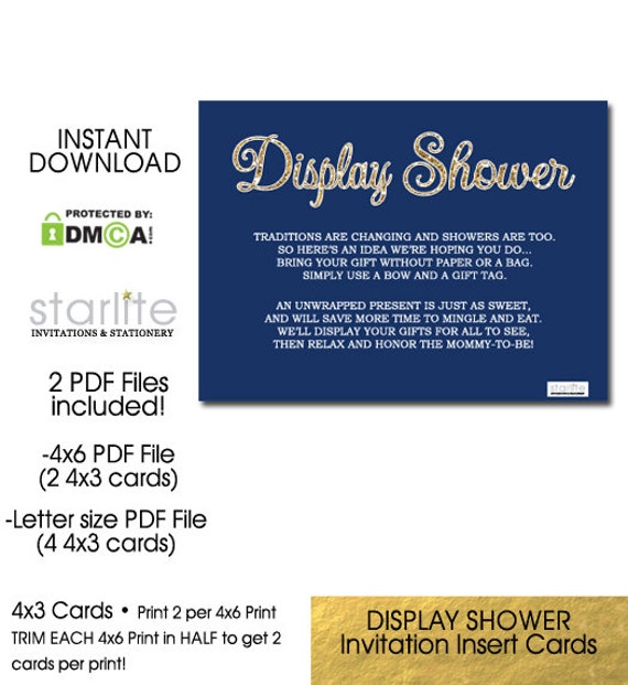 Display Shower Card, Navy Blue + Gold Glitter 4x3 Invitation Insert Card, Unwrapped Gifts Card, Display Baby Shower Boy, INSTANT DOWNLOAD Il_570xn
