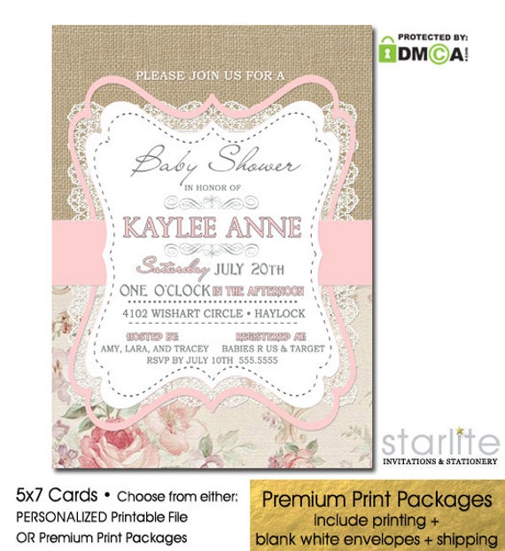 Floral Baby Shower Invitation Girl with Burlap and Lace - Printed Invitations or Personalized Printable File Il_570xn