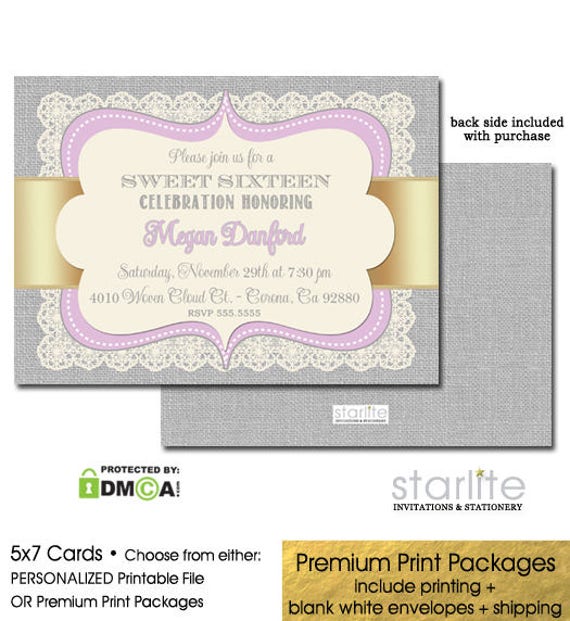 Lavender Gold Lovable 16 Invitation Lovable 16 Celebration photo relating to Printable Sweet 16 Invitations identified as Lavender Gold Cute 16 Invitation Cute 16 Social gathering