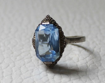 Vintage Art Deco Verziert Sterling Silber Blauer Quarz Stein Cocktail Ring 5
