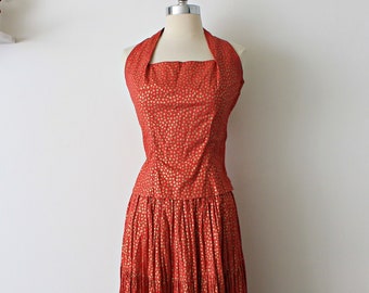 Vintage 1950s 50s Dazzling Red and Metallic Gold Senorita Halter Top Novelty Print Cotton Circle Skirt Set