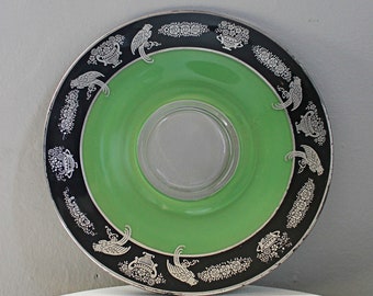 Vintage 1930s Art Deco Black and Green Parrot Depression Glass Silver Filigree Inlay Compote Fruit Plate