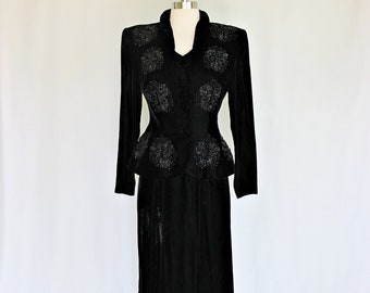 Stunning Vintage 1940s 50s Black Velvet Beaded Wiggle Dress Cocktail Suit