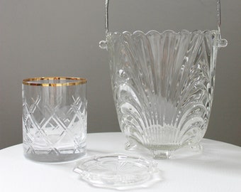 Vintage 1940s Mid Century Modern Crystal Footed Clear Ice Bucket con mango desmontable