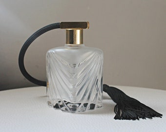 Vintage Hand Cut Crystal Glass Perfume Bottle Tassel w/ Black Atomizer