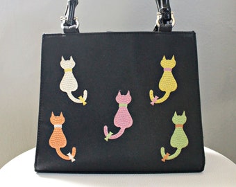 Entzückende Vtg Style Bunte Katze Neuheit Schwarze Handtasche
