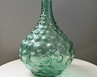 Vintage Midcentury Olive Green Italian Bubble Hobnail Art Glass Bottle Decanter Vase