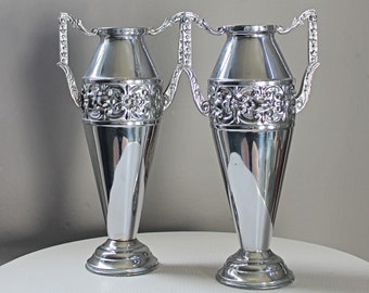 Pair of RARE Vintage Art Deco 1930’s Chrome Plated Urn Vases Numbered