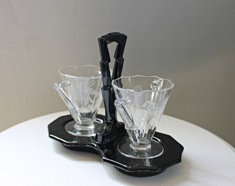 Vintage Art Deco Bohemian Czech Black Creamer Sugar Server Set