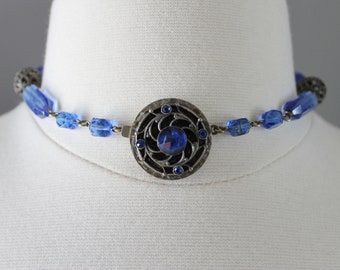 Vintage Art Deco Czech Glass Cobalt Blue Choker Necklace