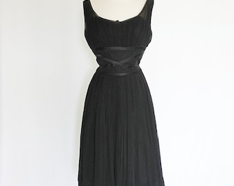 Vintage 1950s Fit and Flare Black Chiffon Party Dress Sm