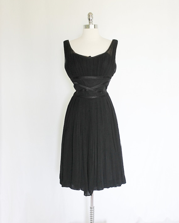 Vintage 1950s Fit and Flare Black Chiffon Party D… - image 1