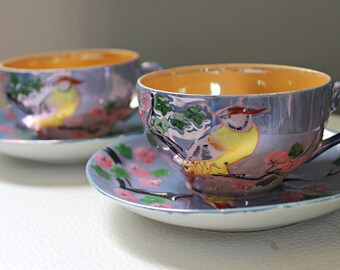 Paar Vintage Lebhafte Fasan Vogel und Rosa Floral Japan TeeTassen