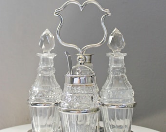 Antique 4 Piece Cut Glass Cruet Set Art Deco Electro Plated Nickel Silver EPNS England