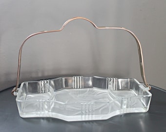 Vintage 1930s Art Deco Bird of Paradise Frosted Glass Divided Basket Dish Tray