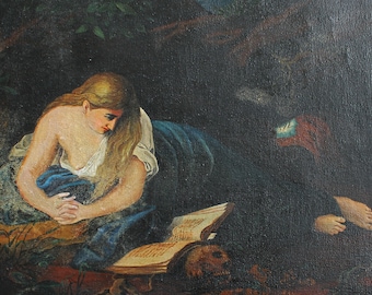 Antiguo Giuseppe Mazzolini Chica en cueva leyendo con calavera Vanitas pintura al óleo Memento Mori Skull Canvas Panel