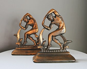 Pair of Vintage Art Deco Machine Age Stylized Male Figure Copper Bookends