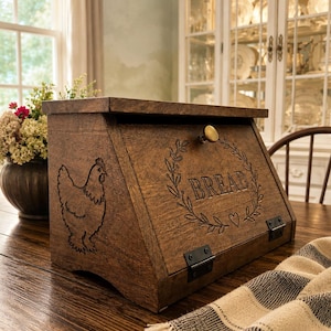 May include: A dark brown wooden bread box with a slanted front door featuring a brass knob. The front panel is engraved with a wreath, a heart, and the word BREAD. The side panel displays an engraved chicken silhouette. Black metal hinges are visible.