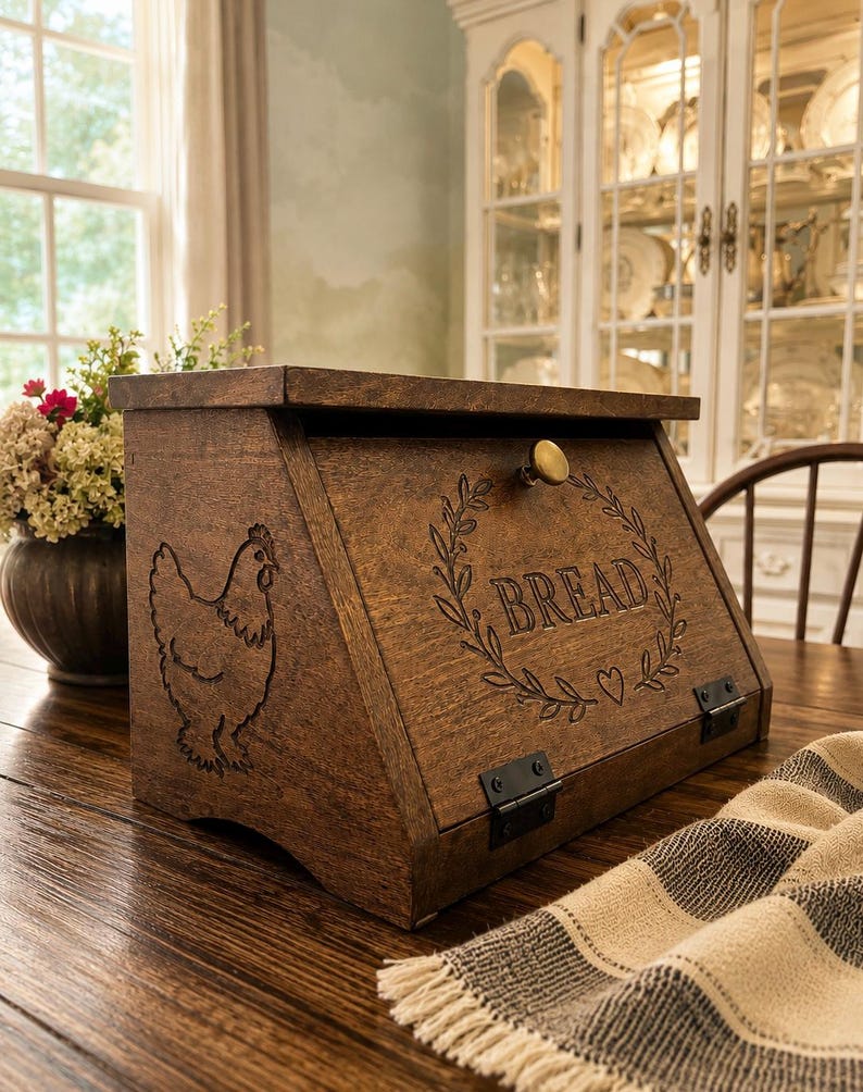 May include: A dark brown wooden bread box with a slanted front door featuring a brass knob. The front panel is engraved with a wreath, a heart, and the word BREAD. The side panel displays an engraved chicken silhouette. Black metal hinges are visible.