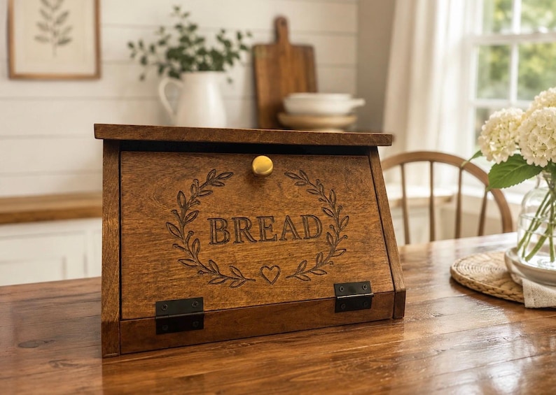 May include: A medium-brown wooden bread box with a slanted front door featuring a gold knob. The door is engraved with the word BREAD centered inside a leafy wreath design with a small heart below. Two black metal hinges secure the door base.