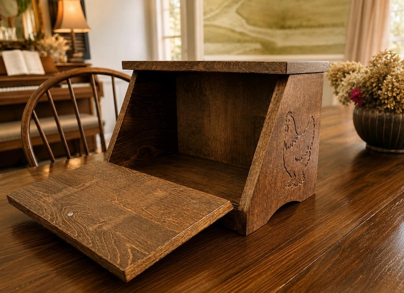 May include: A dark brown wooden bread box with a hinged front door that folds downward. The side panel features a laser-engraved outline of a chicken. The box has a rectangular top, a flat base, and a smooth, stained wood grain finish throughout.