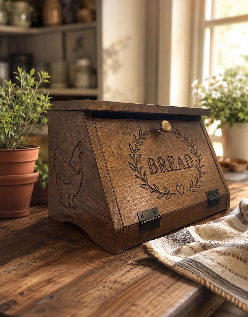 May include: A dark brown wooden bread box with a hinged front door featuring a small brass knob. The front panel is engraved with a wreath design, a small heart, and the word BREAD. A chicken silhouette is engraved on the left side panel.