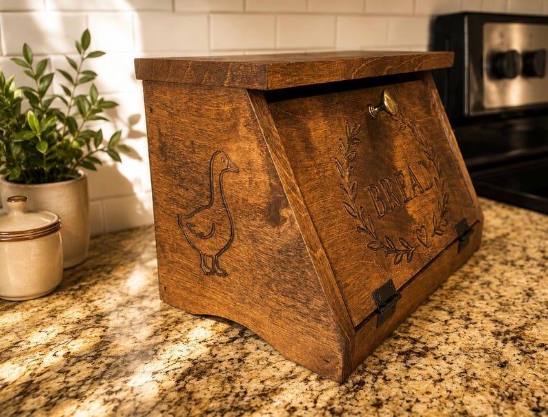 K&ouml;nnte beinhalten: Ein dunkelbrauner Brotkasten aus Holz mit einer schr&auml;gen Frontklappe und einem Messingknopf. Die Vorderseite ist mit einem Kranzmotiv graviert, das das Wort BREAD und ein kleines Herz umschlie&szlig;t. Eine G&auml;nseabbildung ist seitlich eingraviert.