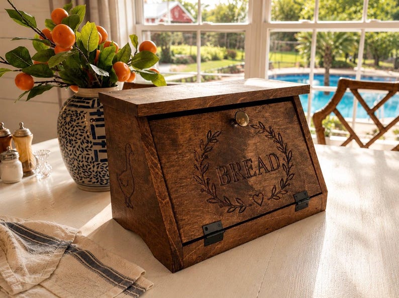 K&ouml;nnte beinhalten: Ein dunkelbrauner Brotkasten aus Holz mit einer schr&auml;gen Frontklappe, einem Metallknopf und schwarzen Scharnieren. Die Vorderseite ist mit dem Wort BREAD, einem Blattkranz und einem kleinen Herz graviert, w&auml;hrend eine Gans an der Seite abgebildet ist.